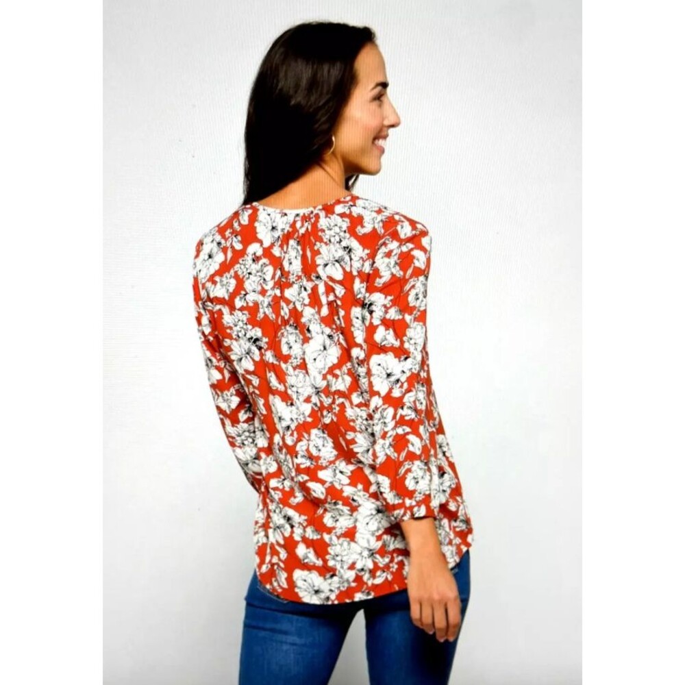 Maley Womens SMALL Top Pleated Detail V Neck Floral Shirt 3/4‎ Sleeve Rust White - Picture 4 of 12